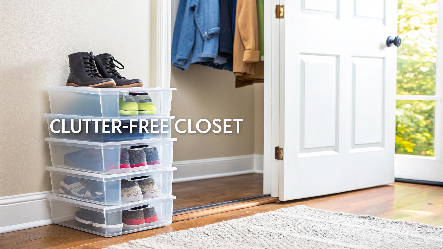 Stack of clear drop-front shoe boxes organizing various footwear next to an open closet with clothes.