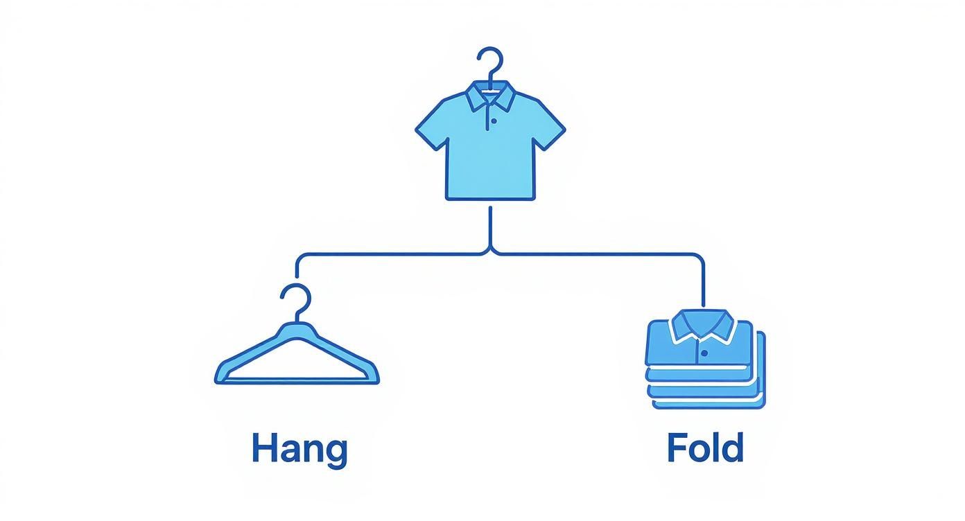 Diagram showing a shirt with two storage options: hanging on a hanger or neatly folded.