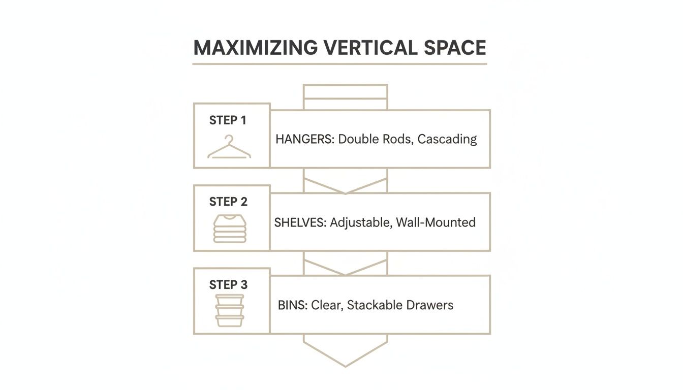 Diagram showing three steps to maximize vertical space using hangers, shelves, and bins for organization.
