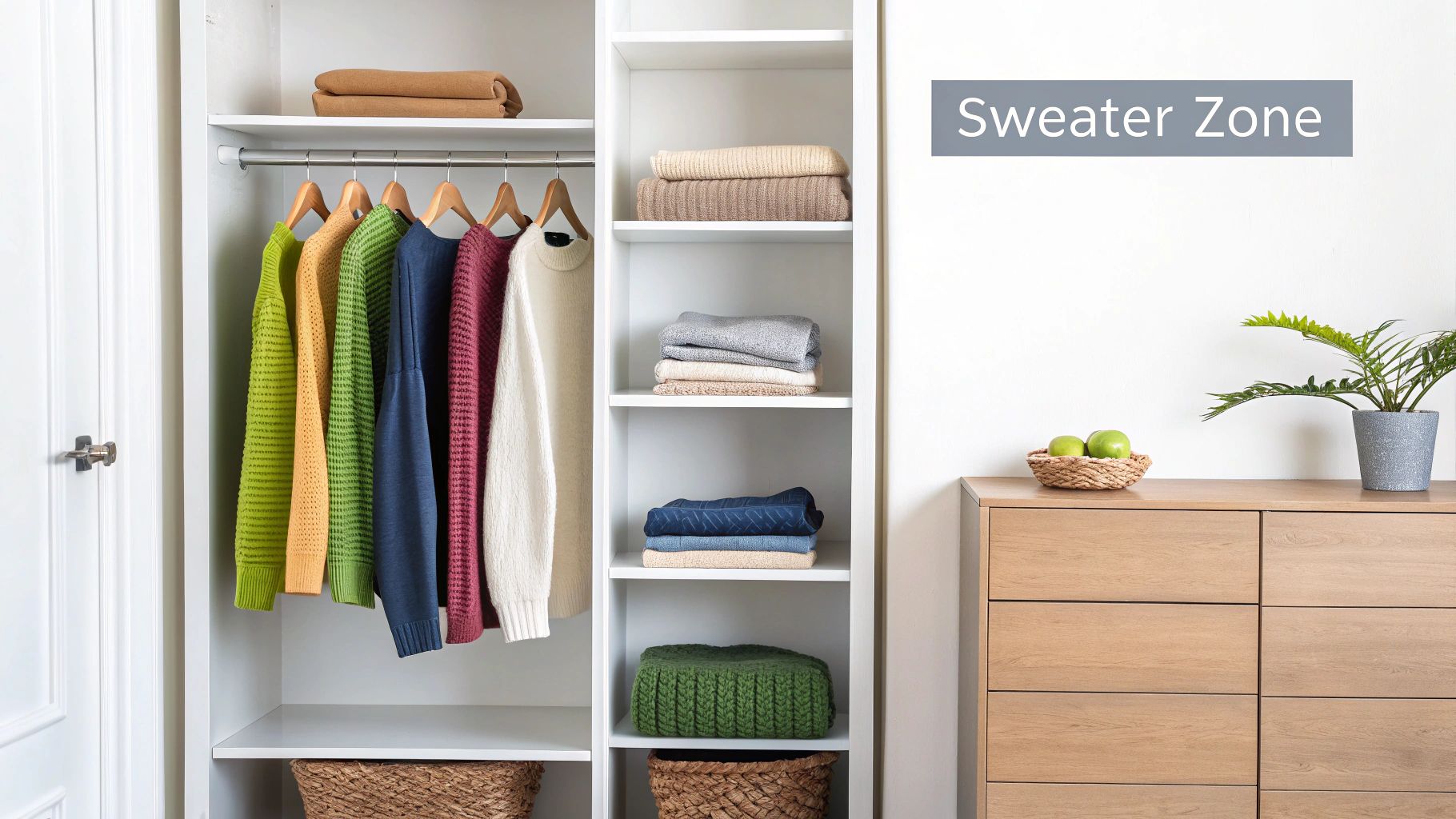 A neatly organized closet with sweaters on display