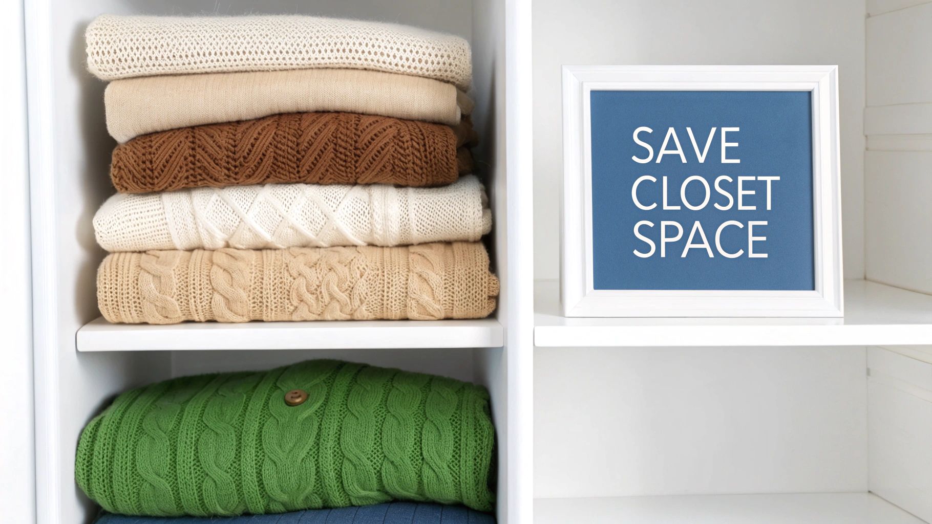 Neatly folded sweaters stacked in a closet.