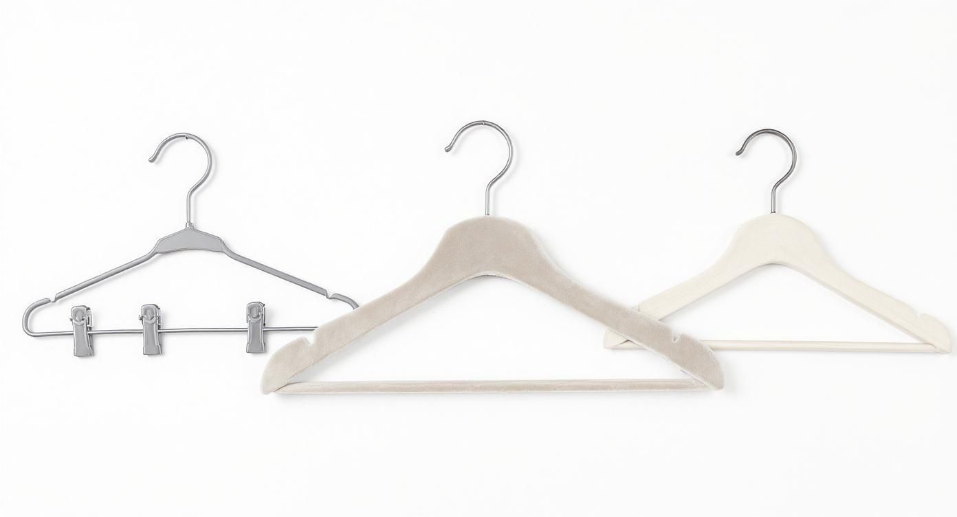 Three different types of clothing hangers including wire hanger with clips and fabric-covered wooden hangers