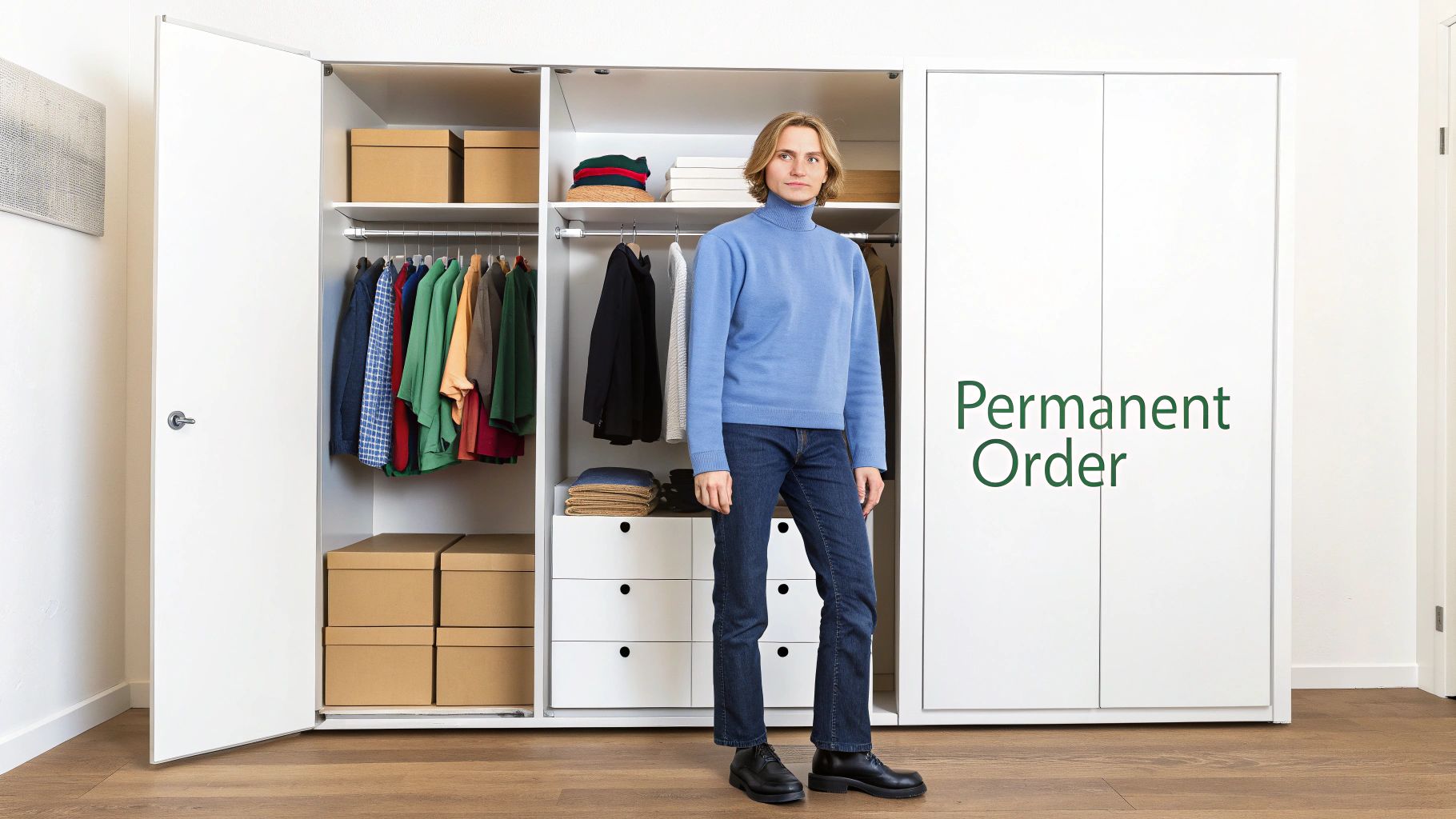 A person stands in front of an open, well-organized white closet with various clothes and boxes.