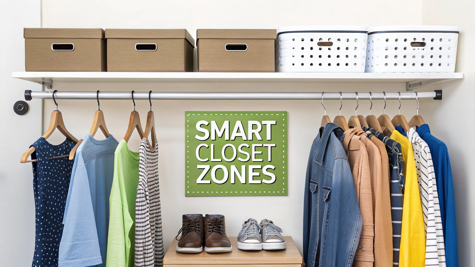 A well-organized closet with clothes sorted into distinct zones by color and type.