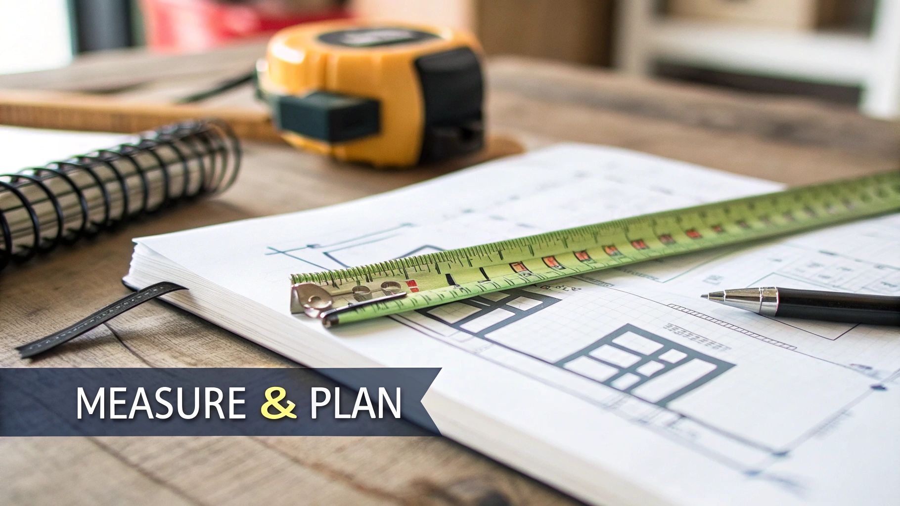 Architectural plans, a measuring tape, and a pen on a wooden desk, with a 'MEASURE & PLAN' banner.