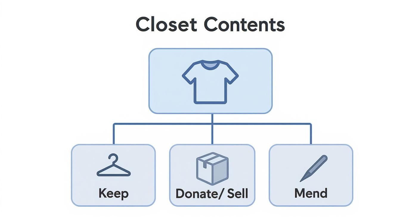 Infographic detailing the decluttering process for closet contents, showing items sorted into Keep, Donate/Sell, and Mend categories.