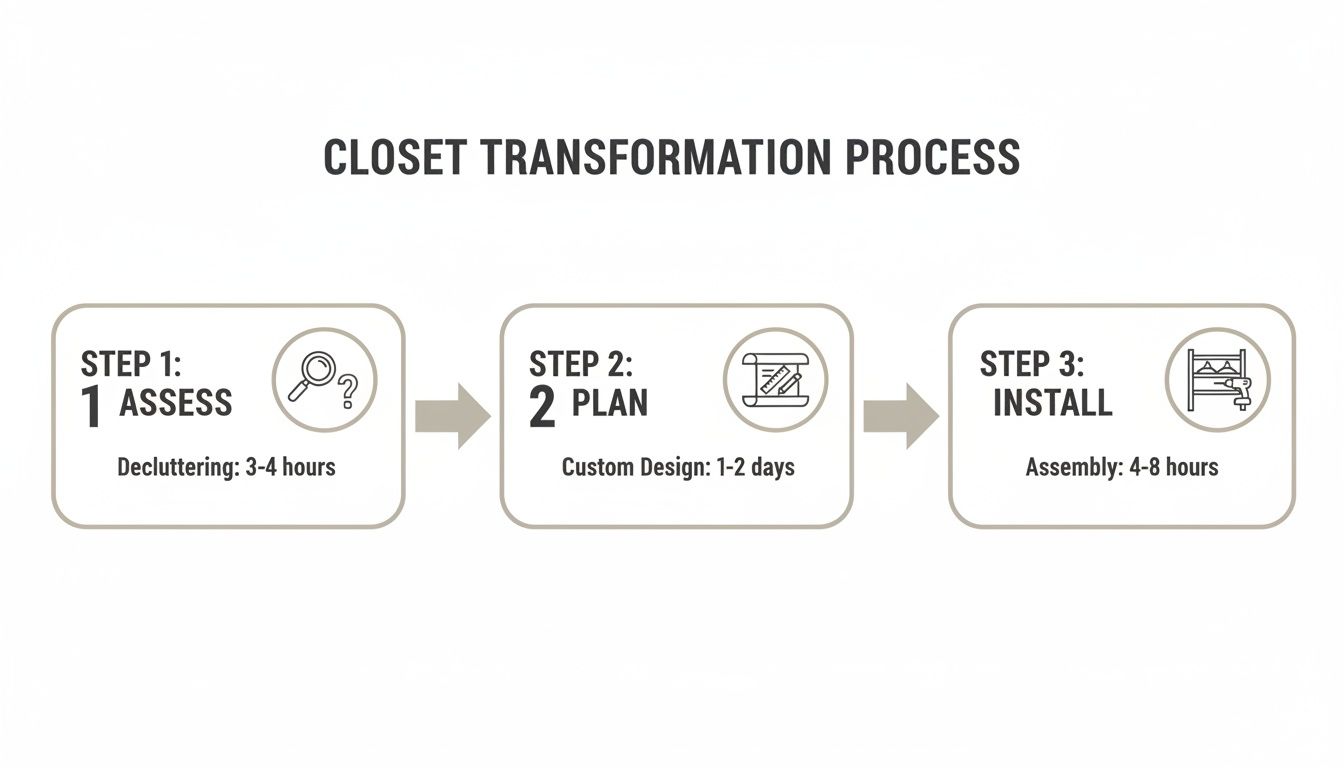 Diagram illustrating the three-step closet transformation process: assess, plan, and install, with time estimates.