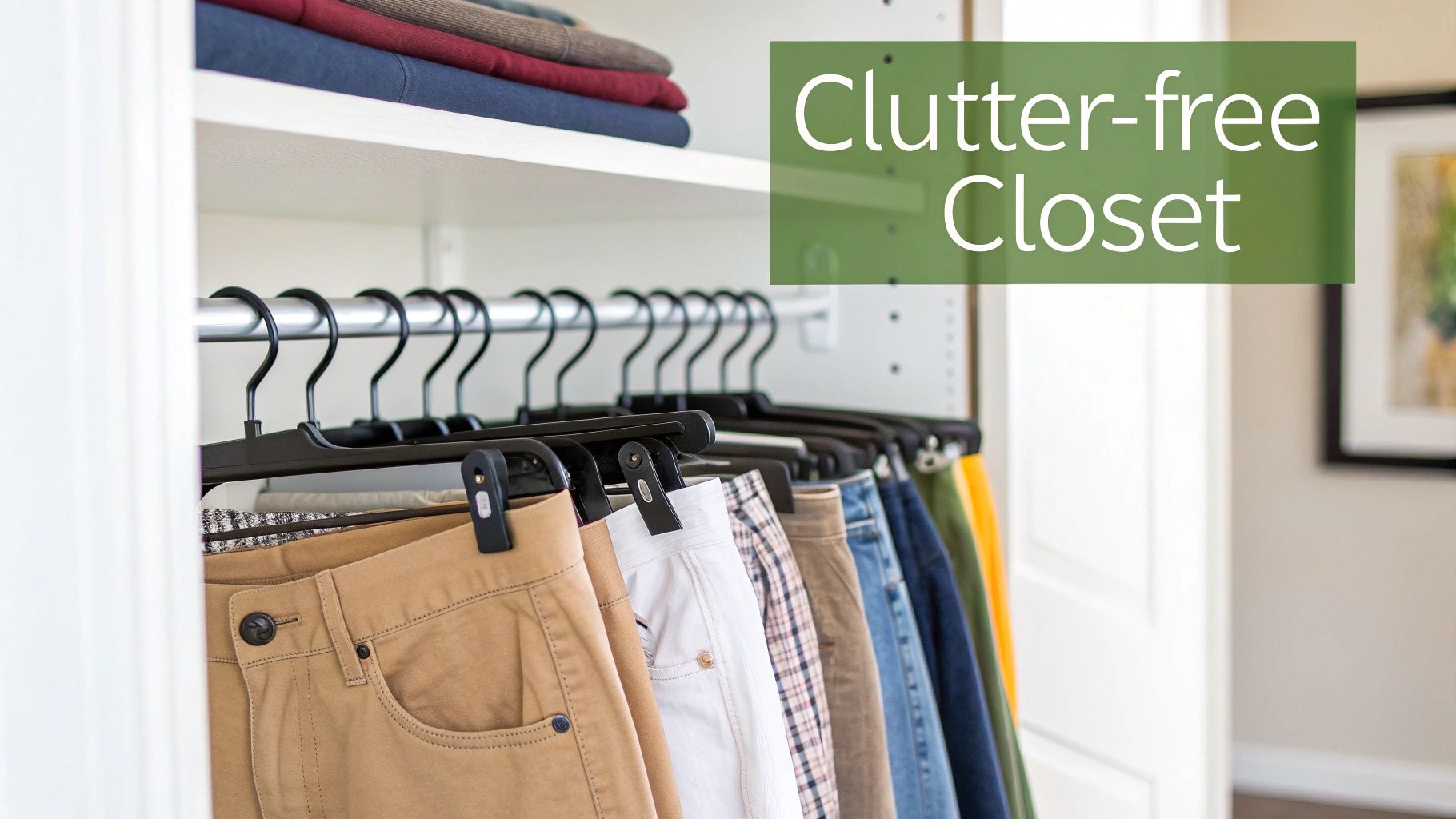 A neatly organized closet with pants hanging on clamp hangers and folded clothes on a shelf.