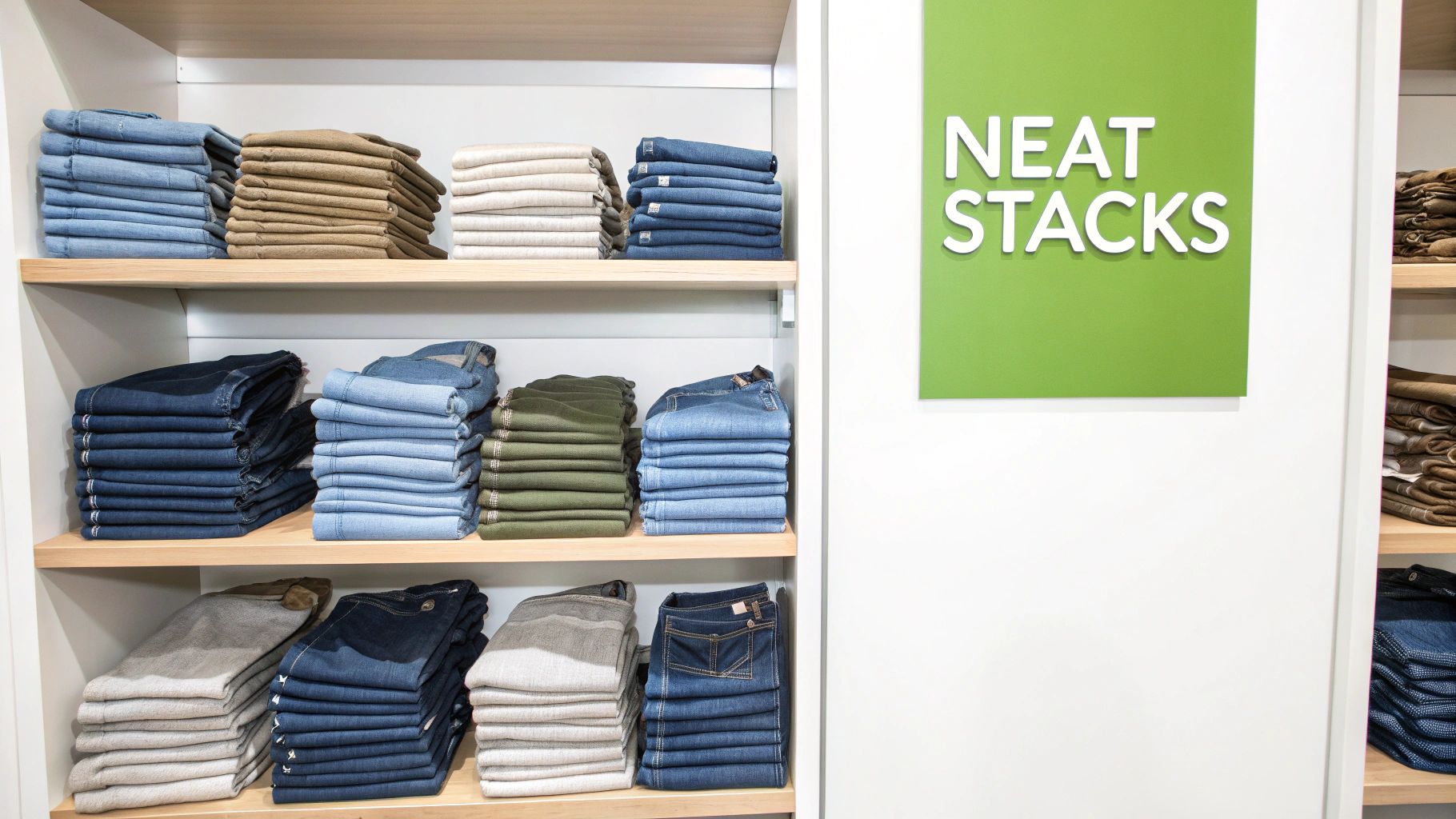Neatly folded jeans stacked on a closet shelf