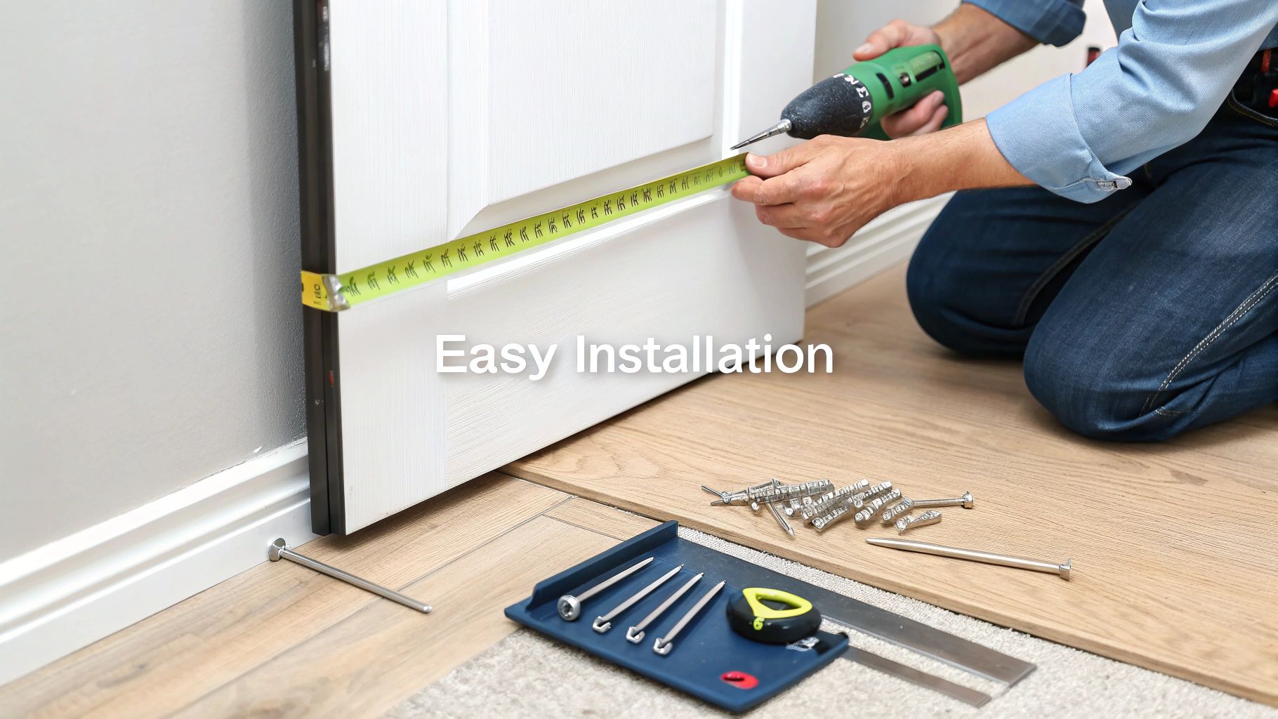 A person measures a white door with a measuring tape while holding a drill during installation, with tools on the floor.