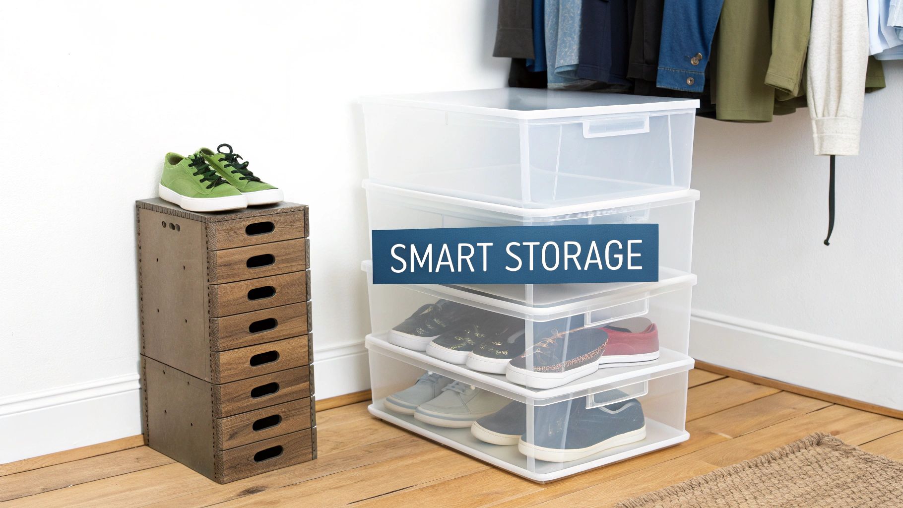 Different shoe storage solutions: stacked wooden drawers and clear plastic boxes for organization.