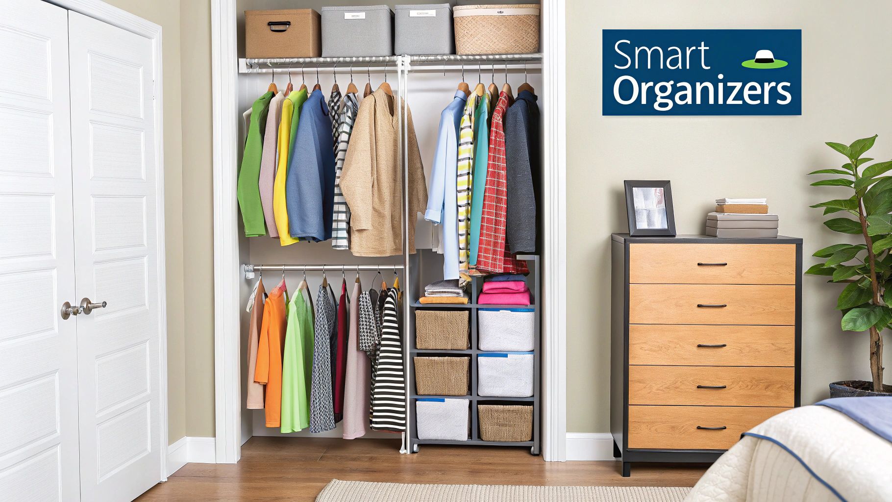 A selection of different clothes organizers like velvet hangers and fabric bins arranged neatly.