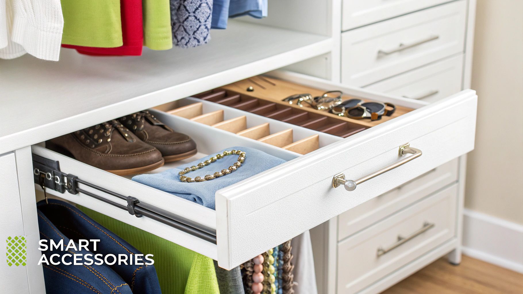 Assortment of clothes hanging on rods inside an organized closet