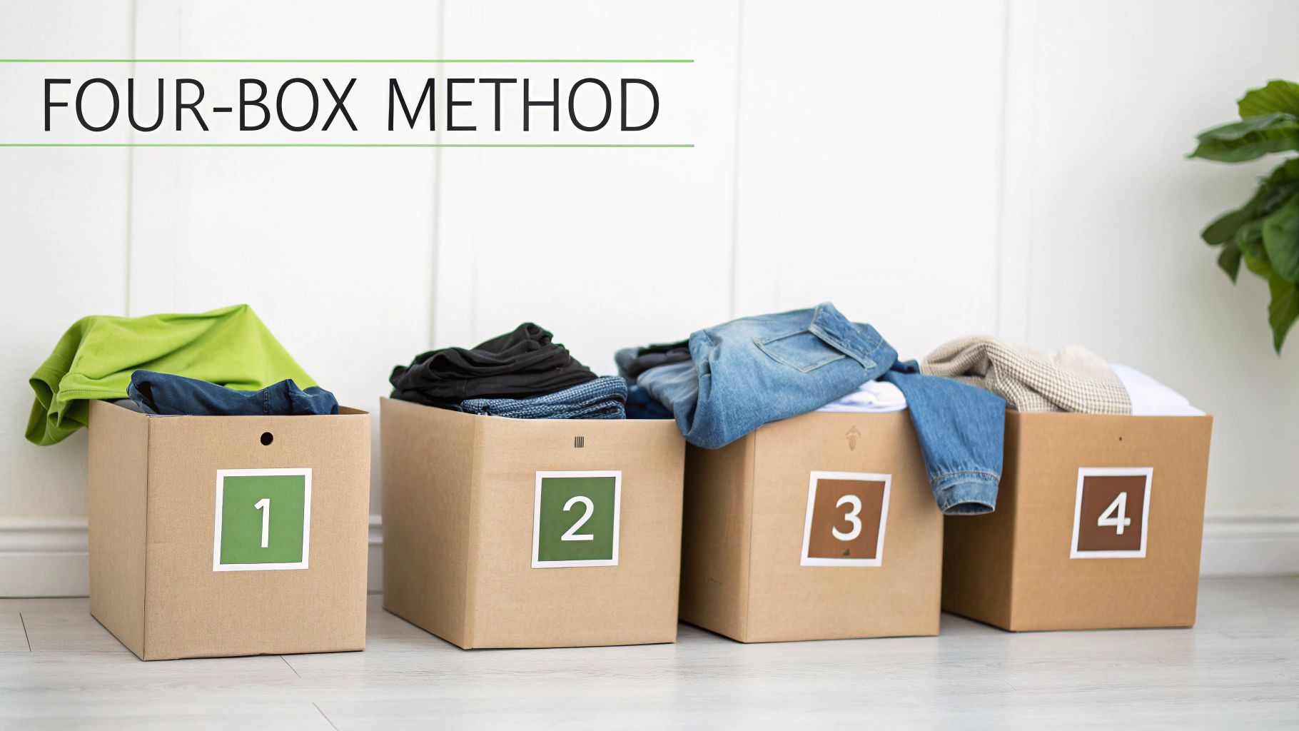 Four labeled cardboard boxes filled with clothes, illustrating the four-box method for decluttering.