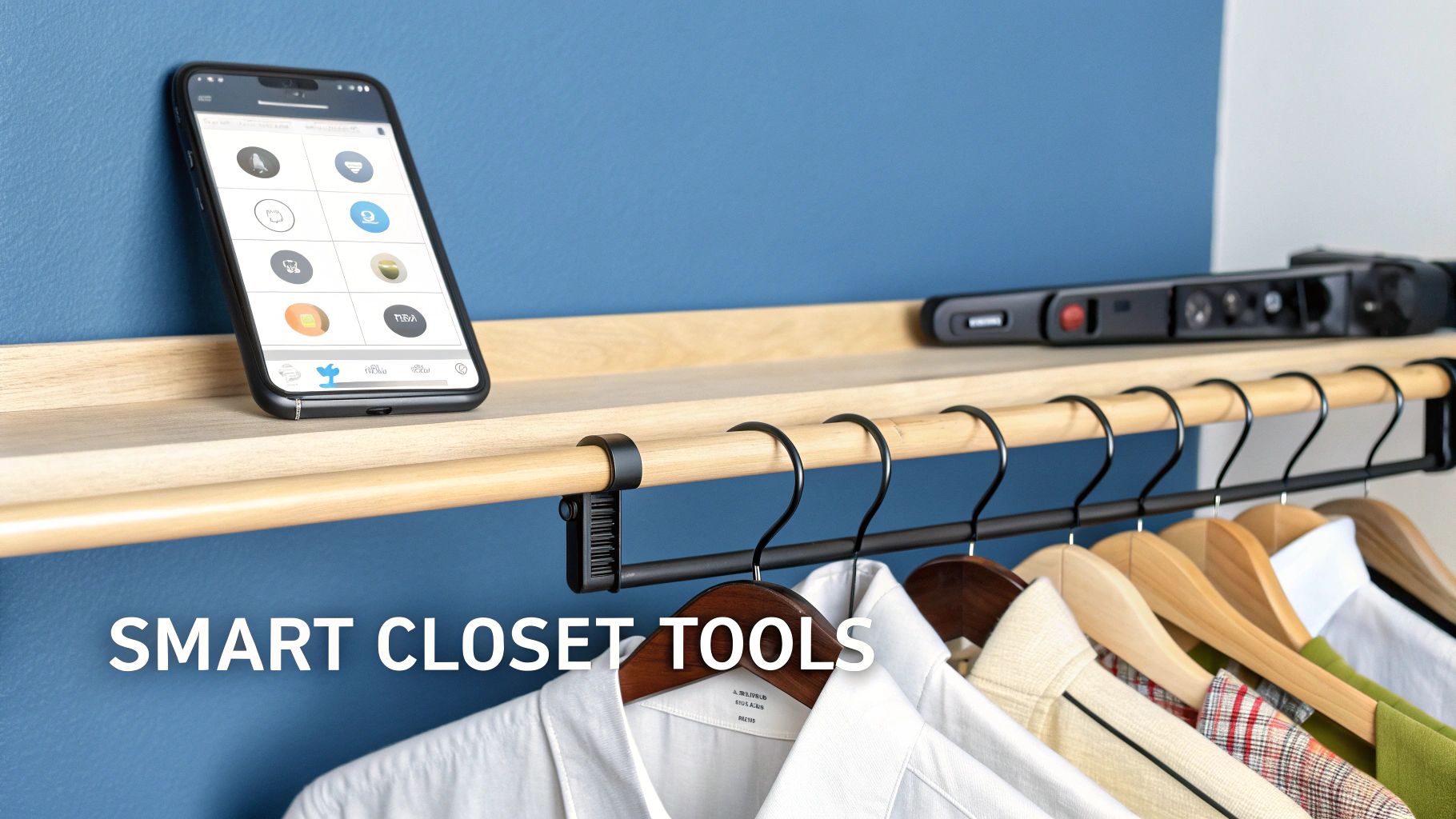 A person using a digital closet app on their phone in front of an organized wardrobe