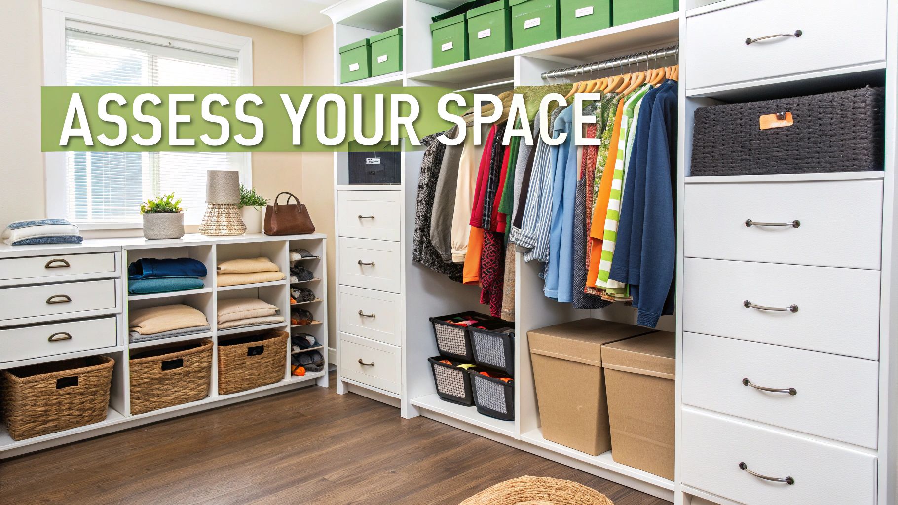 Stylishly organized walk-in closet with neat rows of clothes and accessories