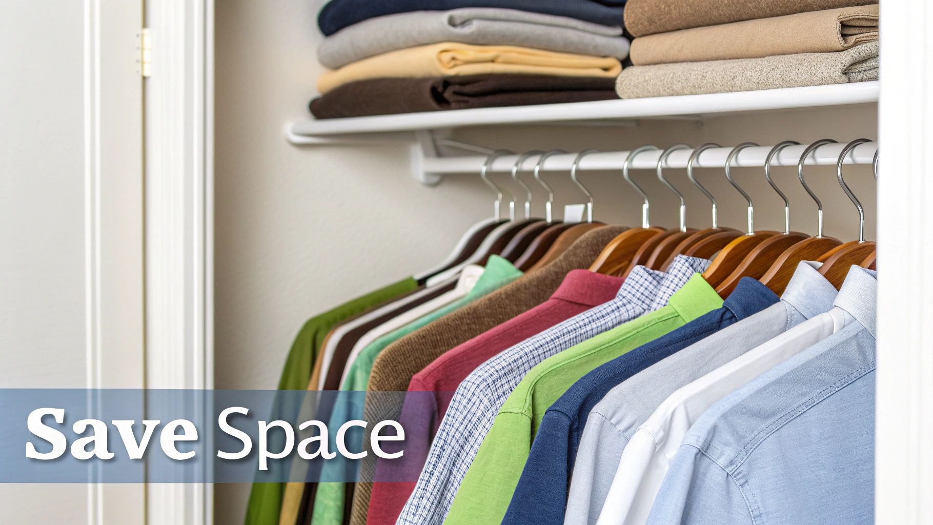 Neatly organized closet with colorful dress shirts on hangers and folded clothes on a shelf above.