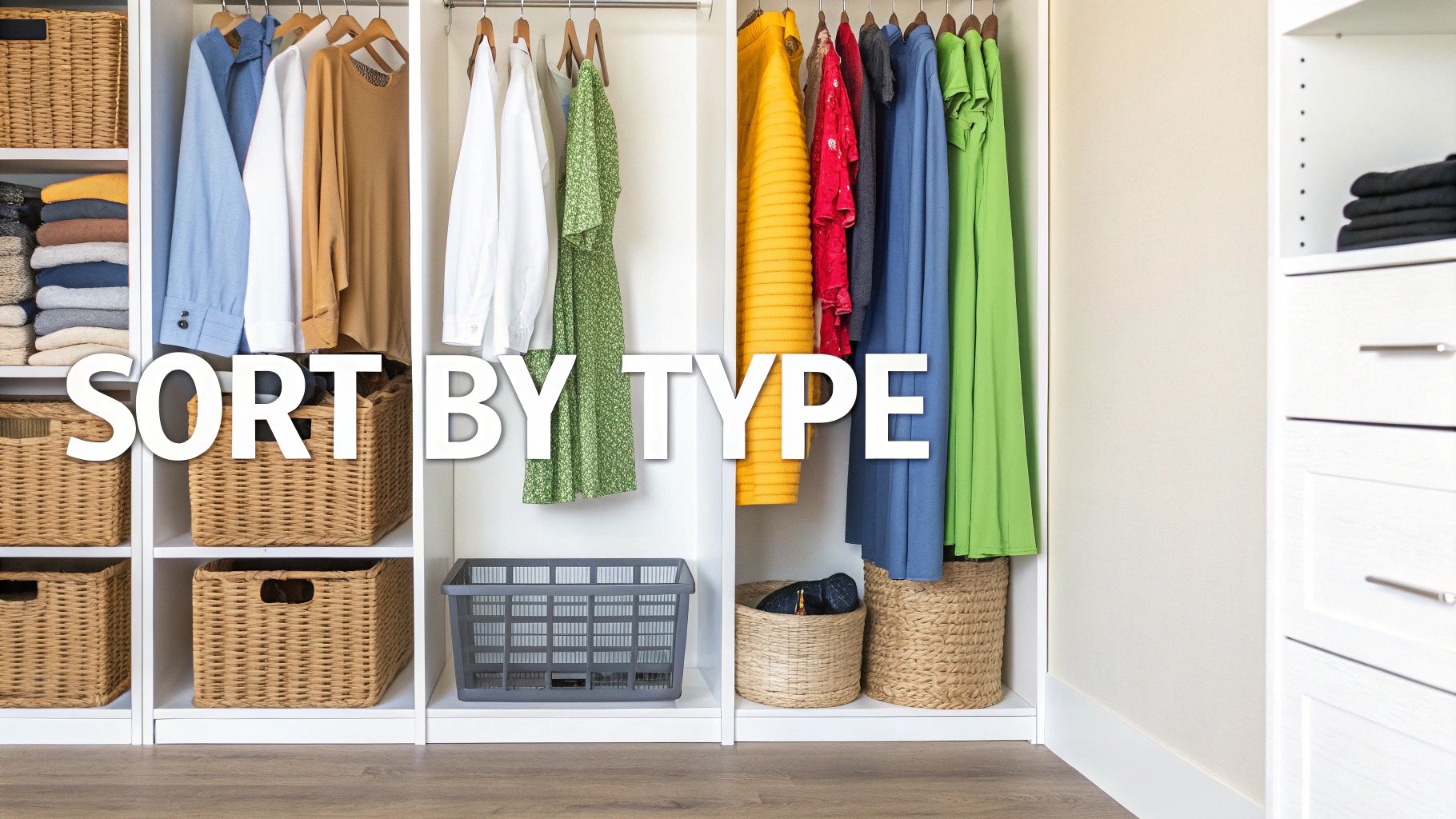 A brightly lit, well-organized closet displaying clothes sorted by type and various storage baskets.