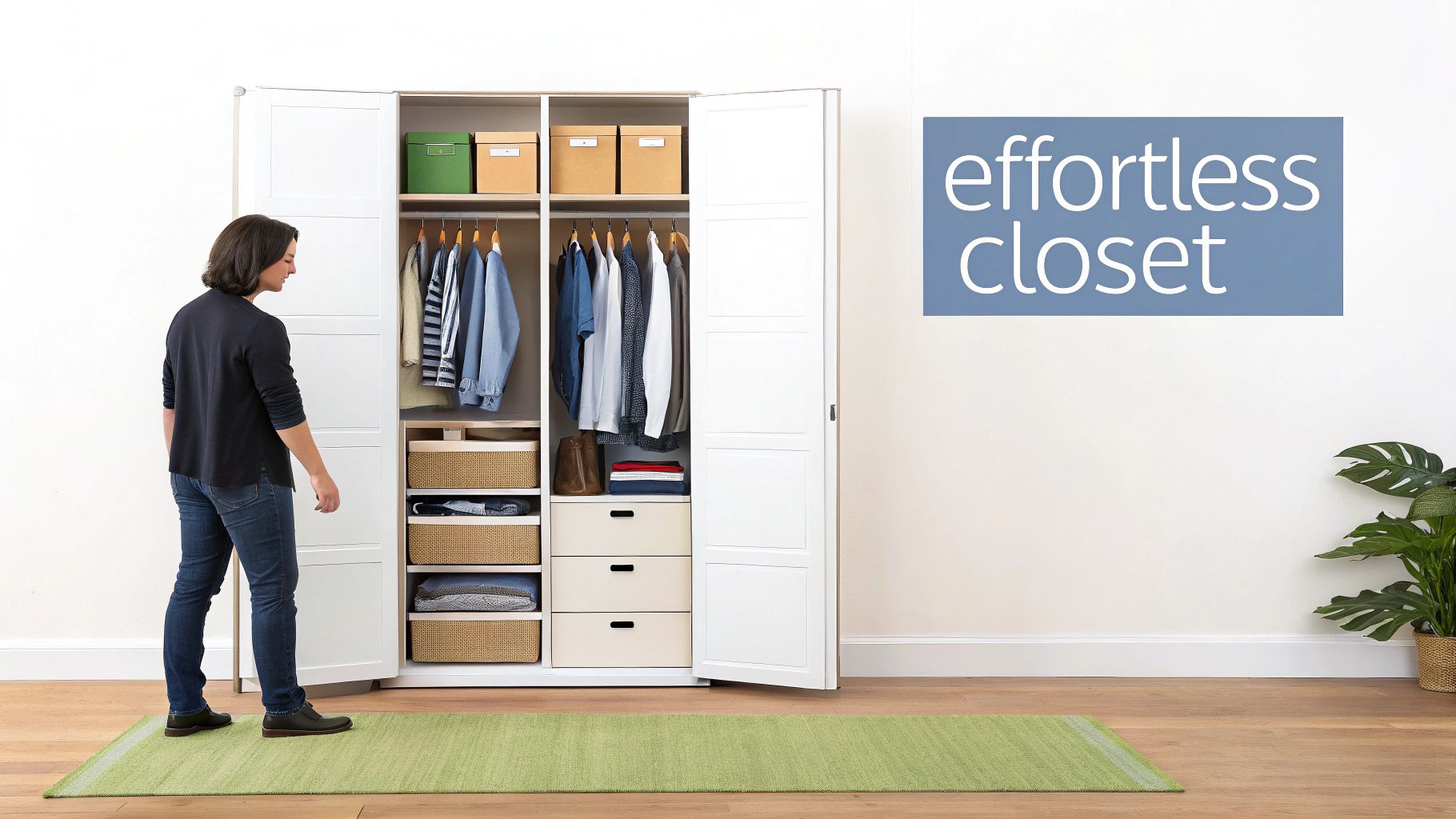 A person stands before an open, organized white closet filled with clothes, baskets, and boxes.