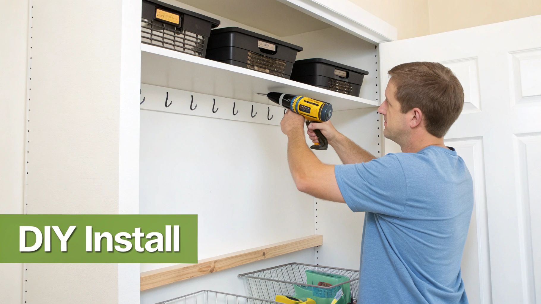 A man uses a power drill to install a white shelf with hooks in a DIY closet system.