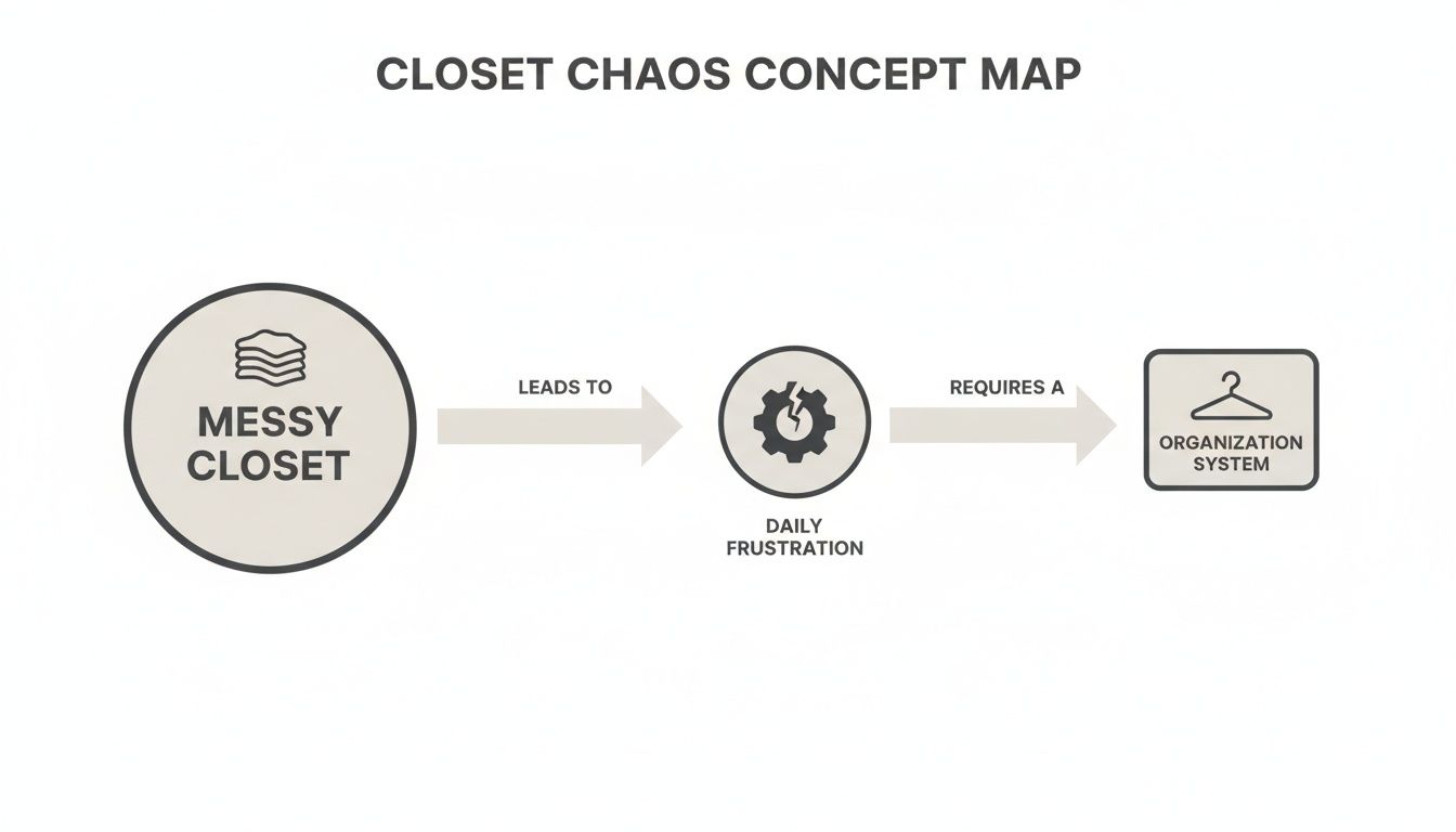 A concept map showing that a messy closet leads to daily frustration, which requires an organization system.