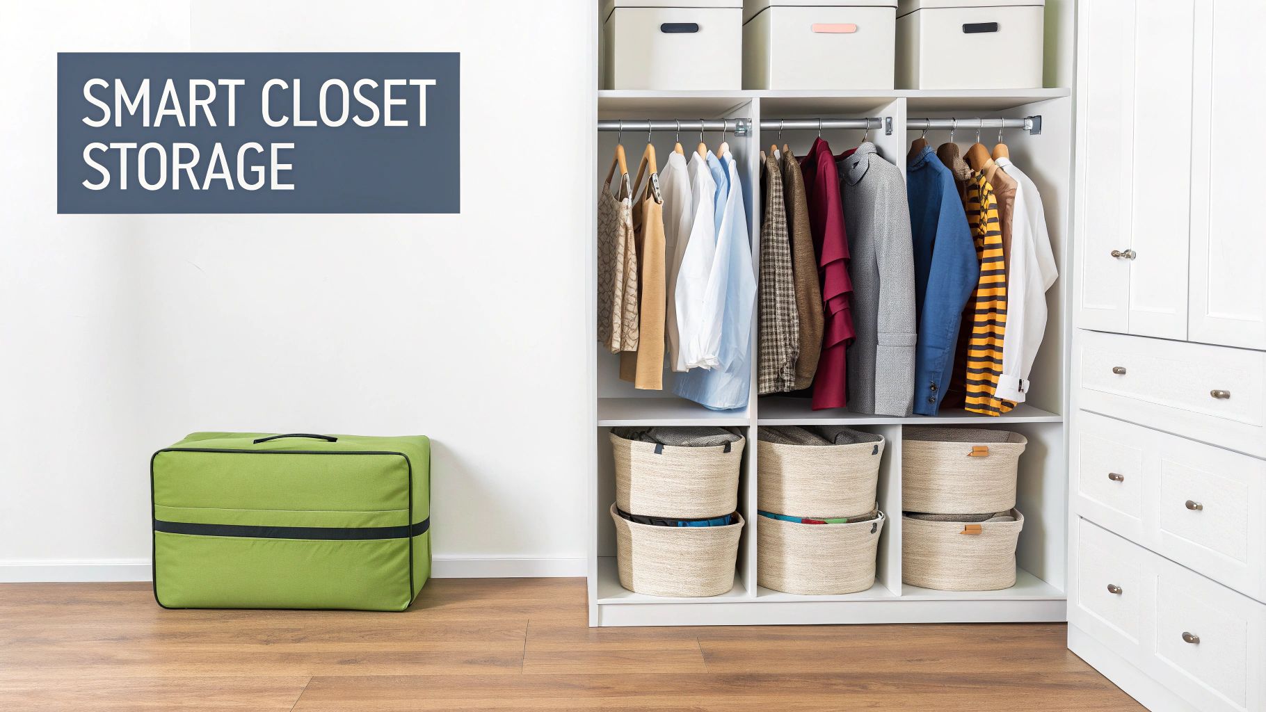 Organized white closet with hanging clothes, storage baskets, and a large green clothing storage bag.