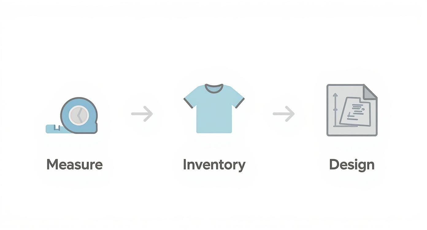 A graphic showing three steps: a measuring tape for 'Measure', a t-shirt for 'Inventory', and a document for 'Design'.