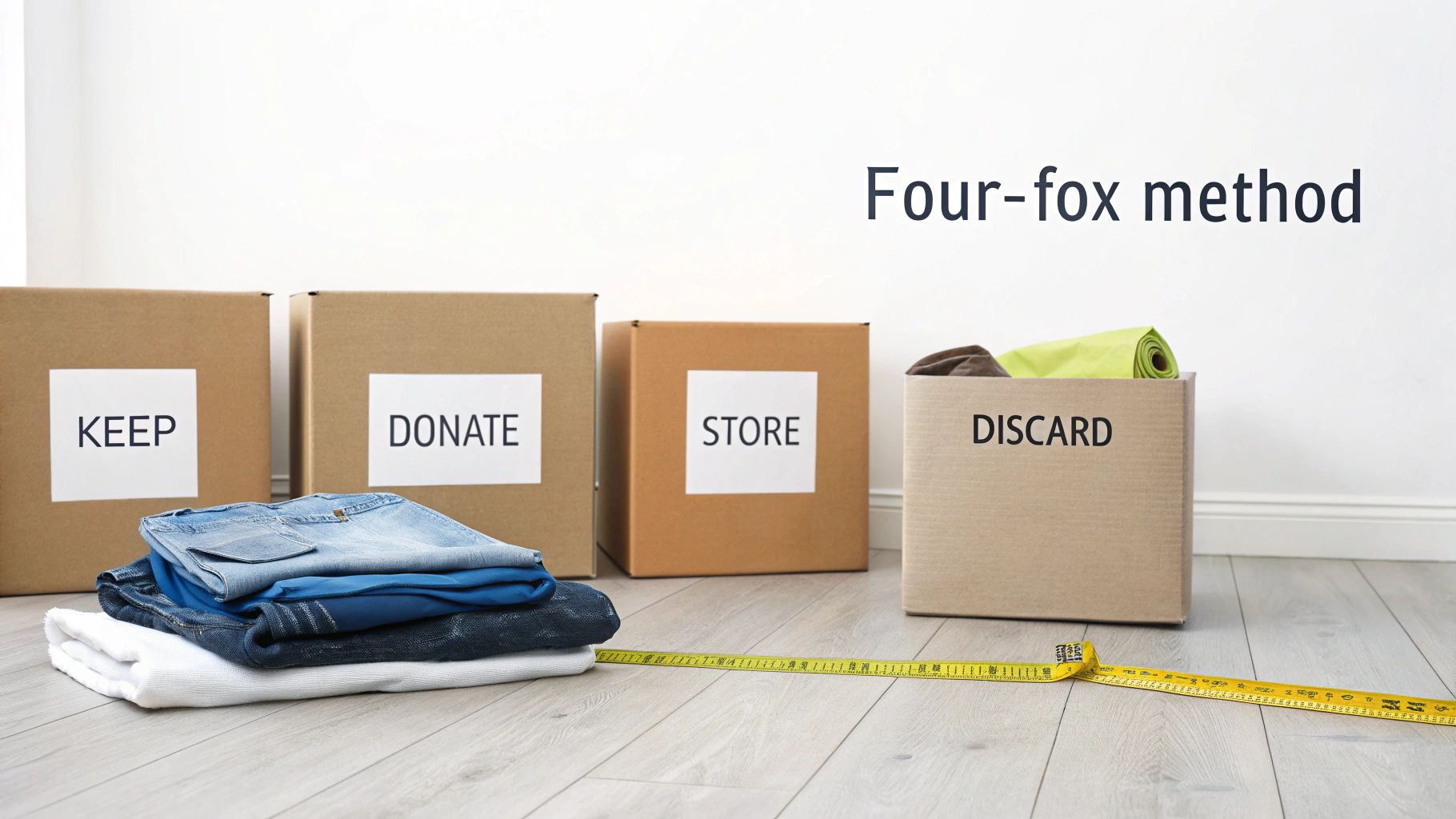 Four labeled boxes for decluttering clothes: Keep, Donate, Store, Discard, with a pile of clothes.