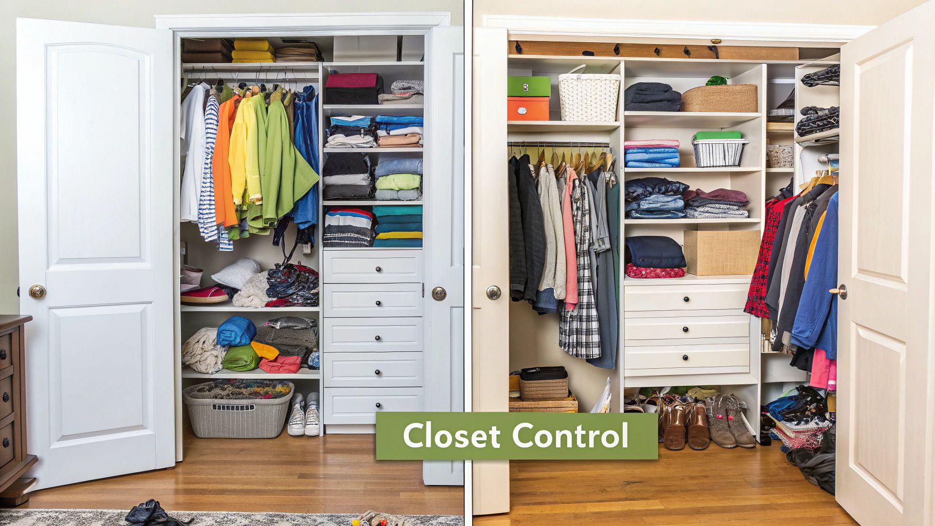 A neatly organized closet with clothes hanging on space-saving hangers and folded items on shelves.
