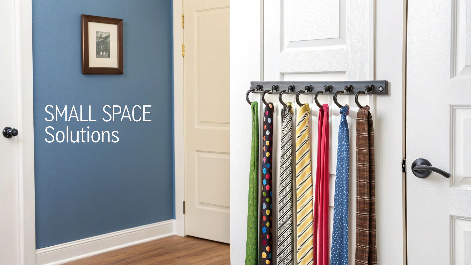 A stylish wall-mounted peg system with ties hanging neatly in a small closet.