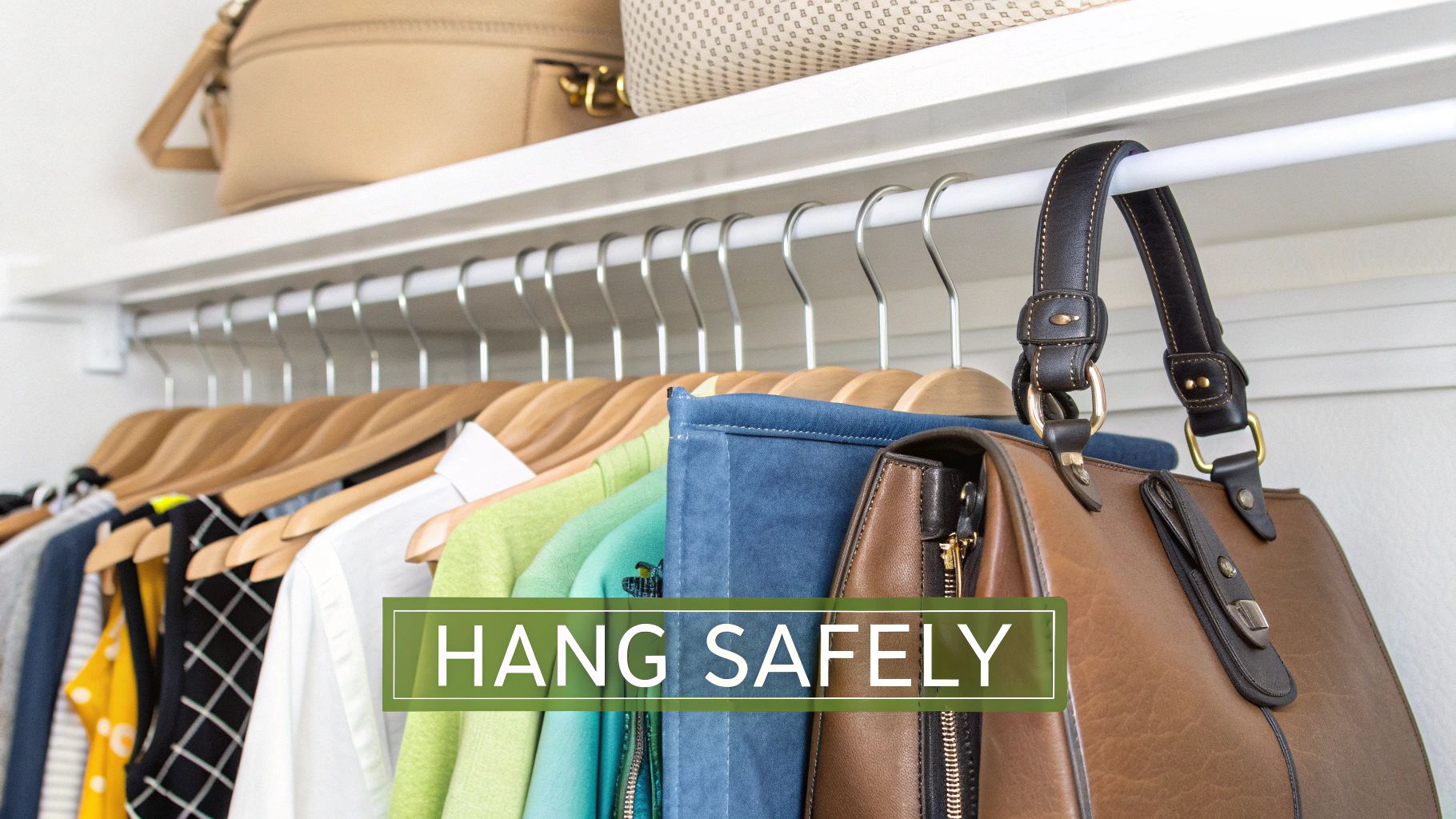 An organized closet with colorful clothes on wooden hangers and a brown leather purse hanging from the rod.