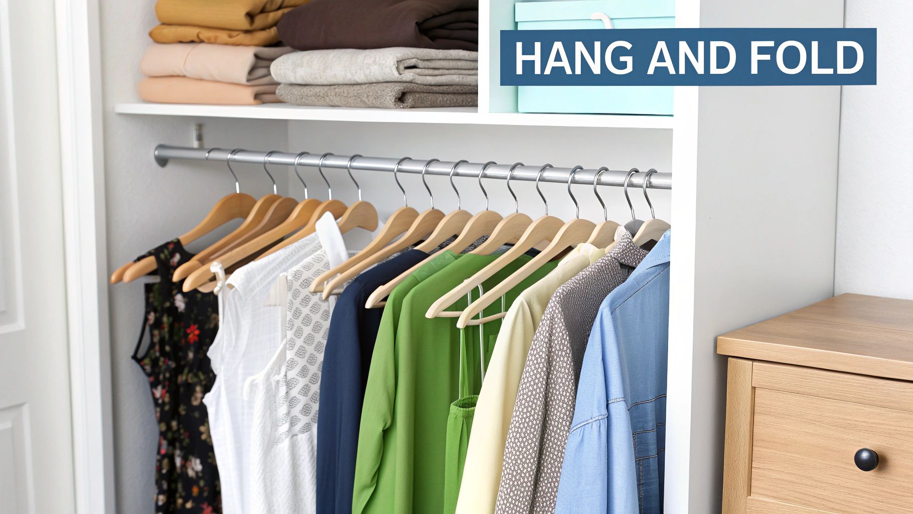 A closet with clothes neatly organized, some folded on shelves and others hung on hangers.