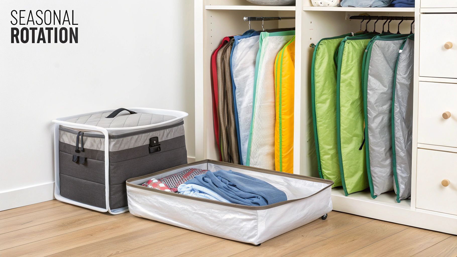 Seasonal clothes rotation in a closet with various colored garment bags, a storage bin, and under-bed storage.