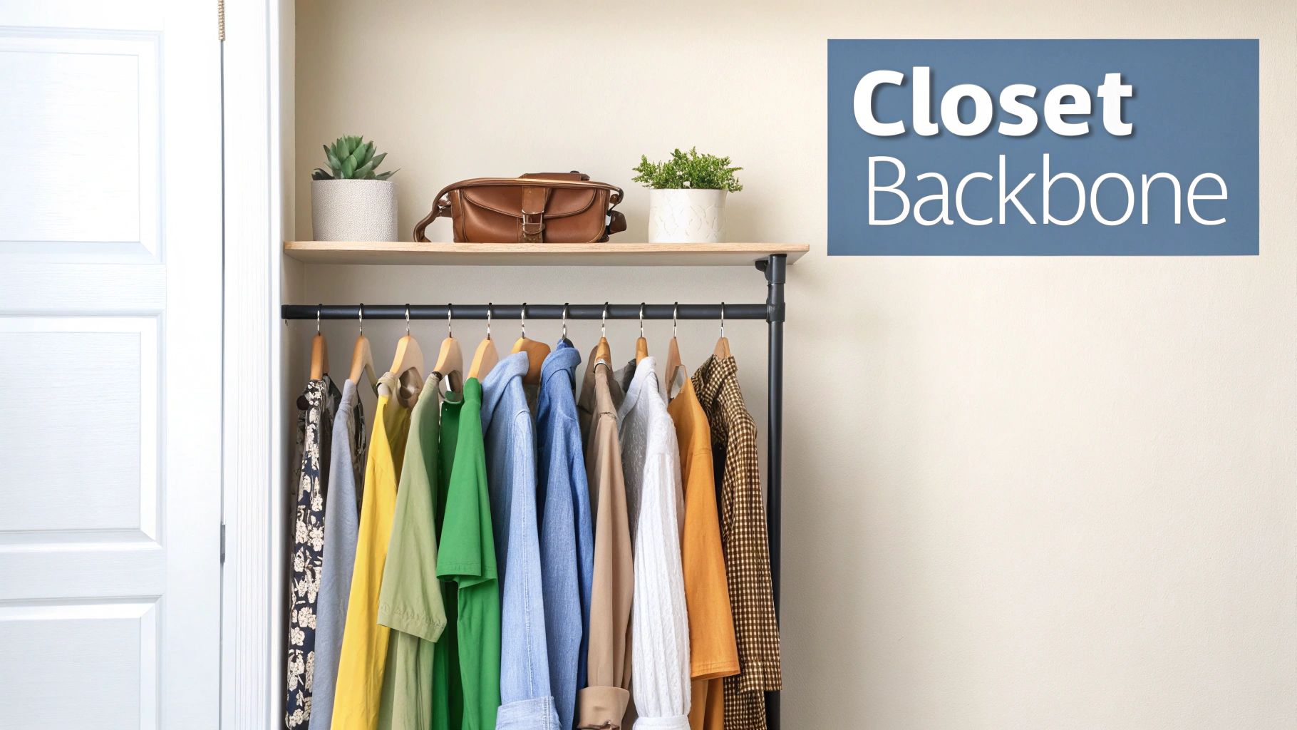 A neatly organized open closet with a hanging rod full of colorful clothes, a shelf with plants and a purse.
