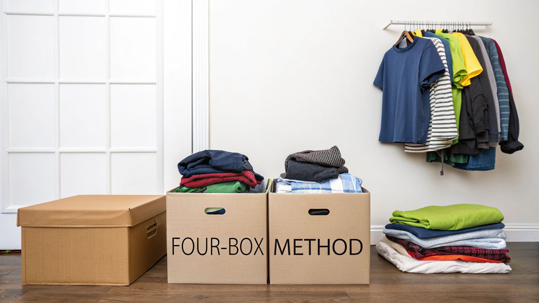 Clothing organization scene featuring two labeled boxes, a stack of clothes, and garments on a wall rack.