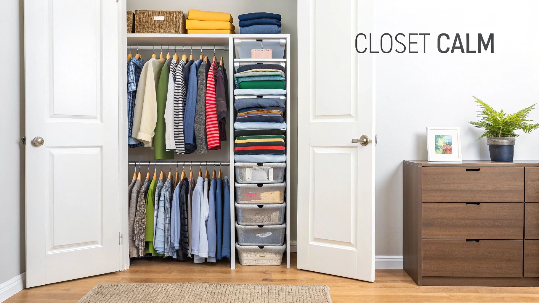 An organized closet with neatly folded clothes, hanging garments, and storage bins, next to a dresser.