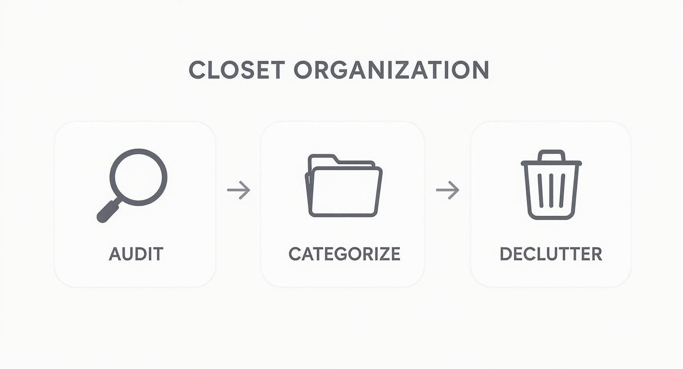 A three-step infographic showing the process for closet organization: audit, categorize, and declutter, with corresponding icons.