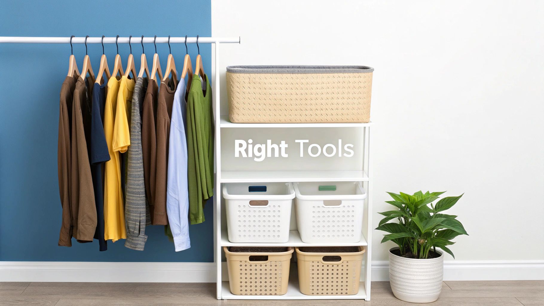 A neat closet with a clothes rack, white shelving unit, and multiple storage baskets.