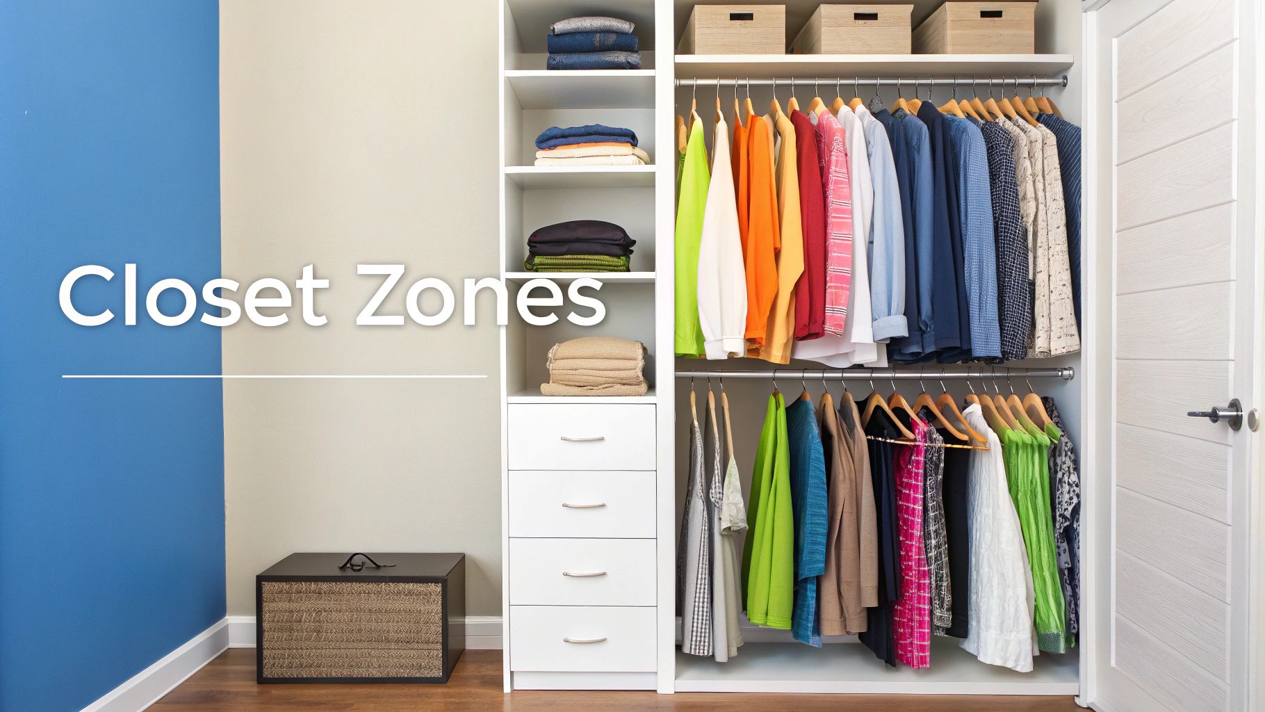 A well-organized closet system featuring hanging clothes, folded items on shelves, and drawers, labeled 'Closet Zones'.