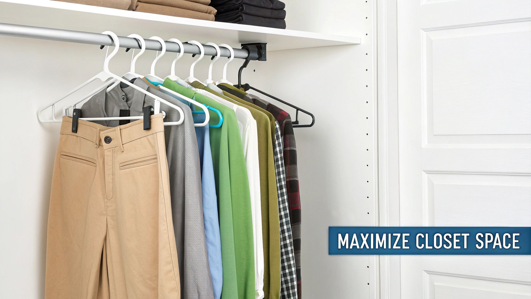 A well-organized closet with various clothes hanging neatly on a silver rod and folded on a white shelf.