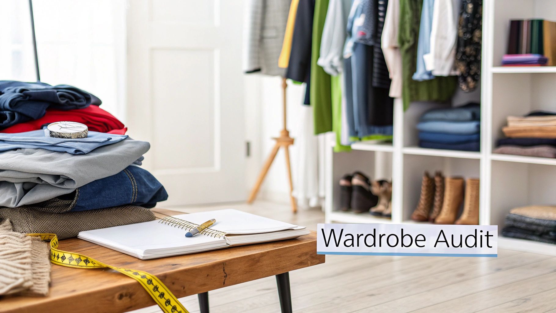 A pile of folded clothes on a wooden table with a notebook and measuring tape, next to an organized closet.