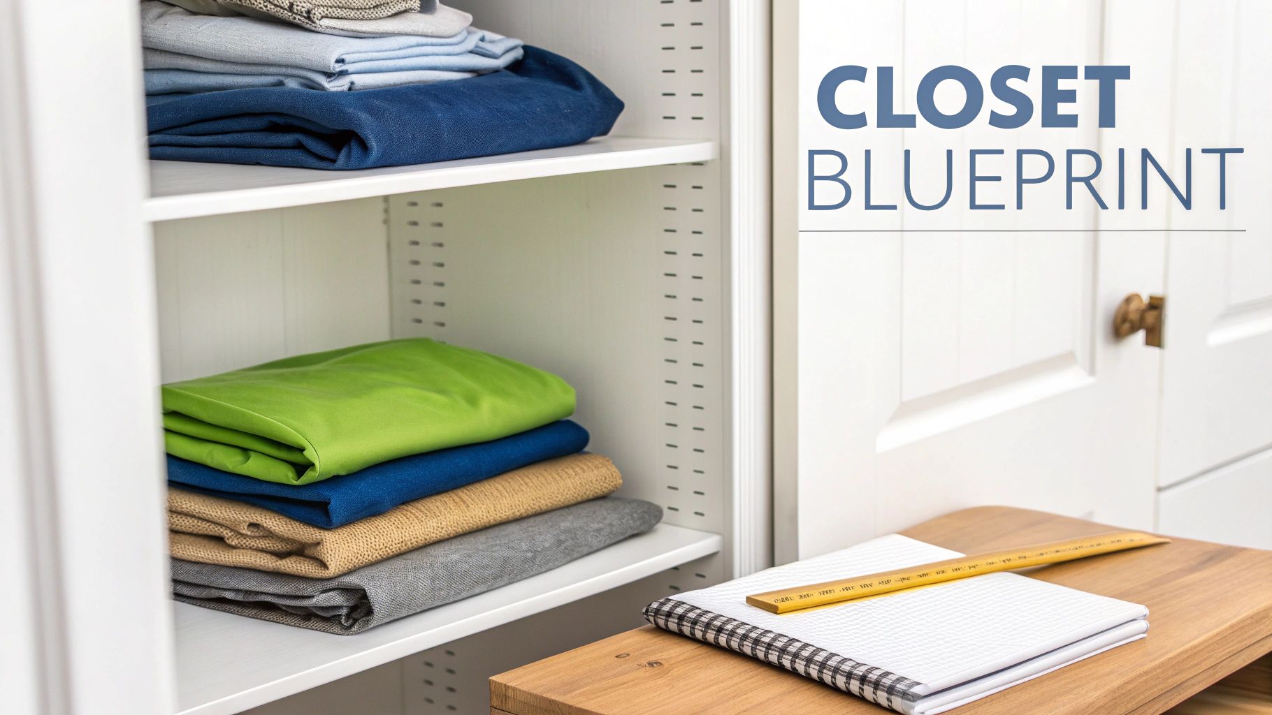 A white closet with neatly folded clothes on shelves, a notebook, and ruler for design.