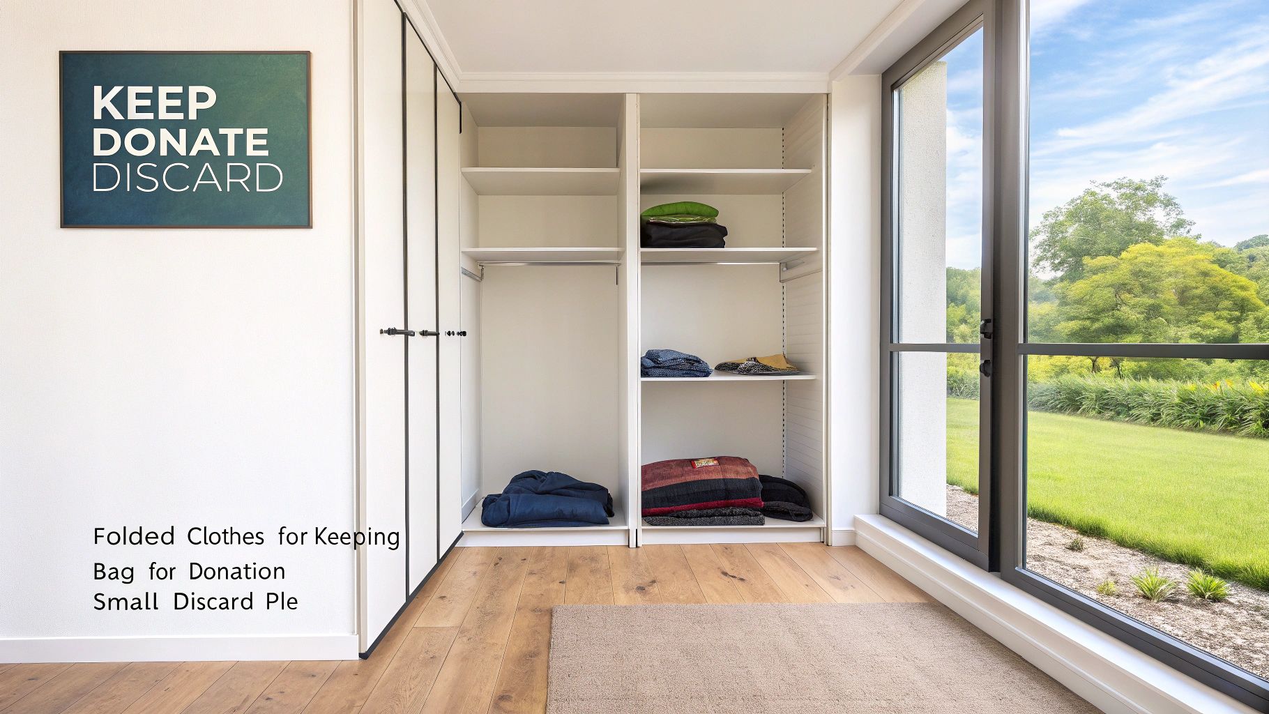 A tidy closet with folded clothes, a sign saying 'Keep, Donate, Discard', and a view to a green garden.