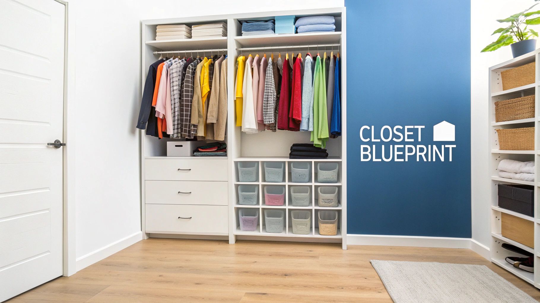 Well-organized small closet showcasing vertical storage and slim hangers.