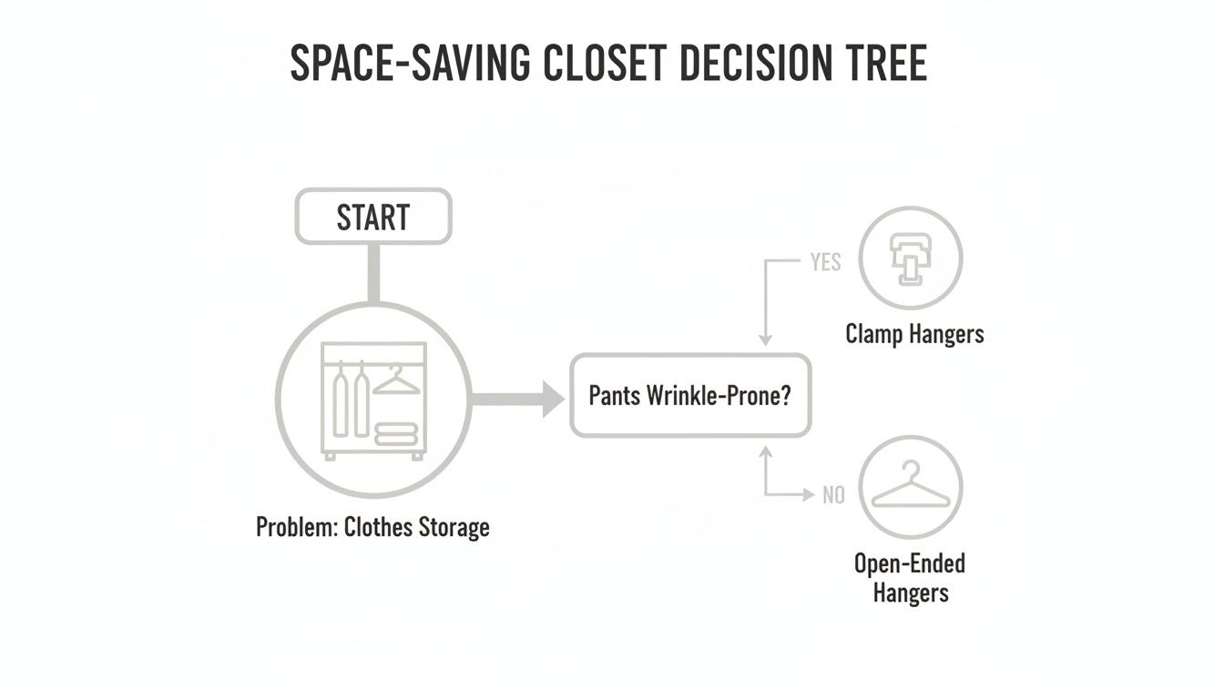 A space-saving closet decision tree flowchart guiding hanger choices based on pants wrinkle-proneness.