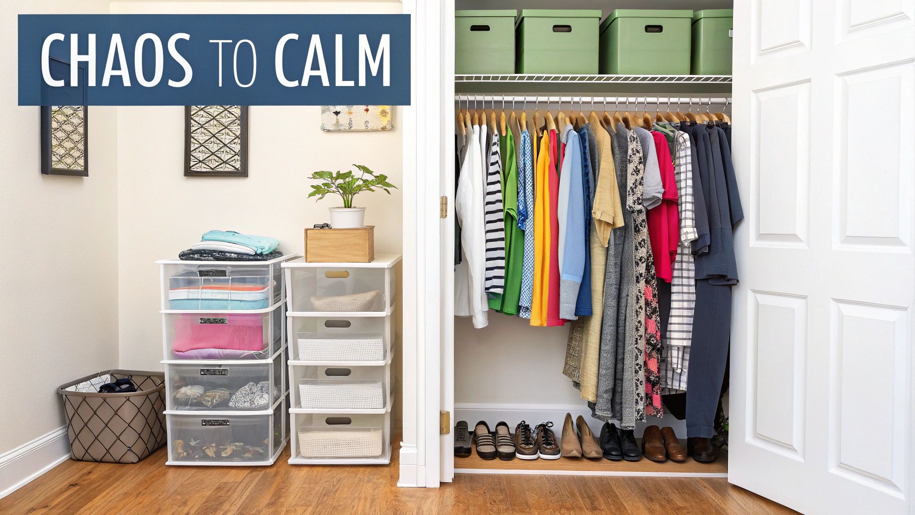 A neatly organized closet with hanging clothes, shoes, and storage bins, illustrating a 'chaos to calm' transformation.