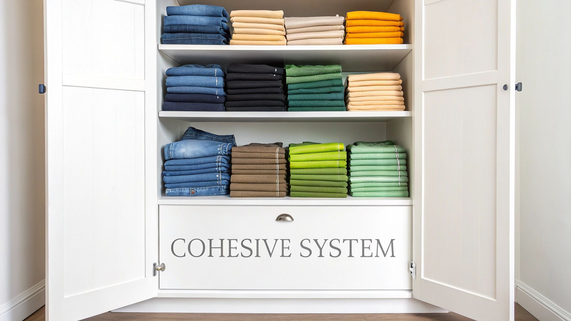 Jeans organized by color in a well-lit closet