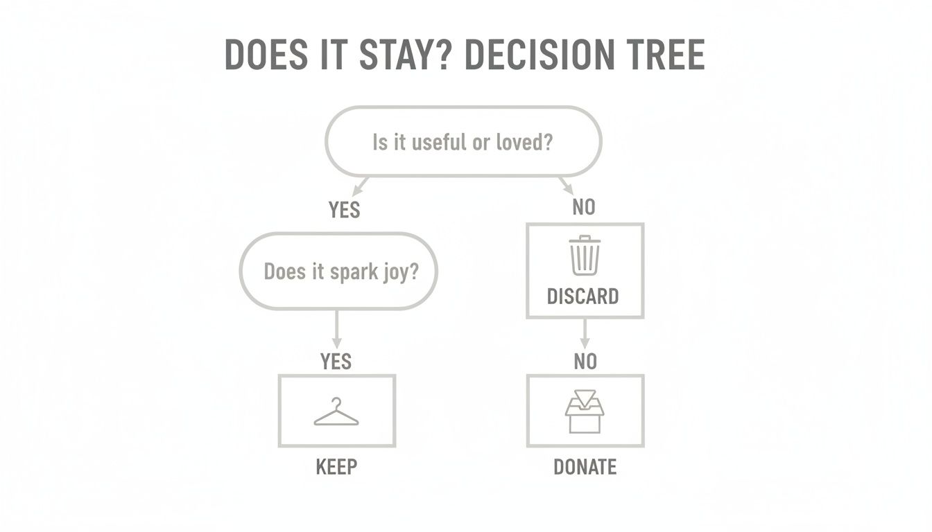 A decision tree flowchart for decluttering items, guiding on whether to keep, discard, or donate.