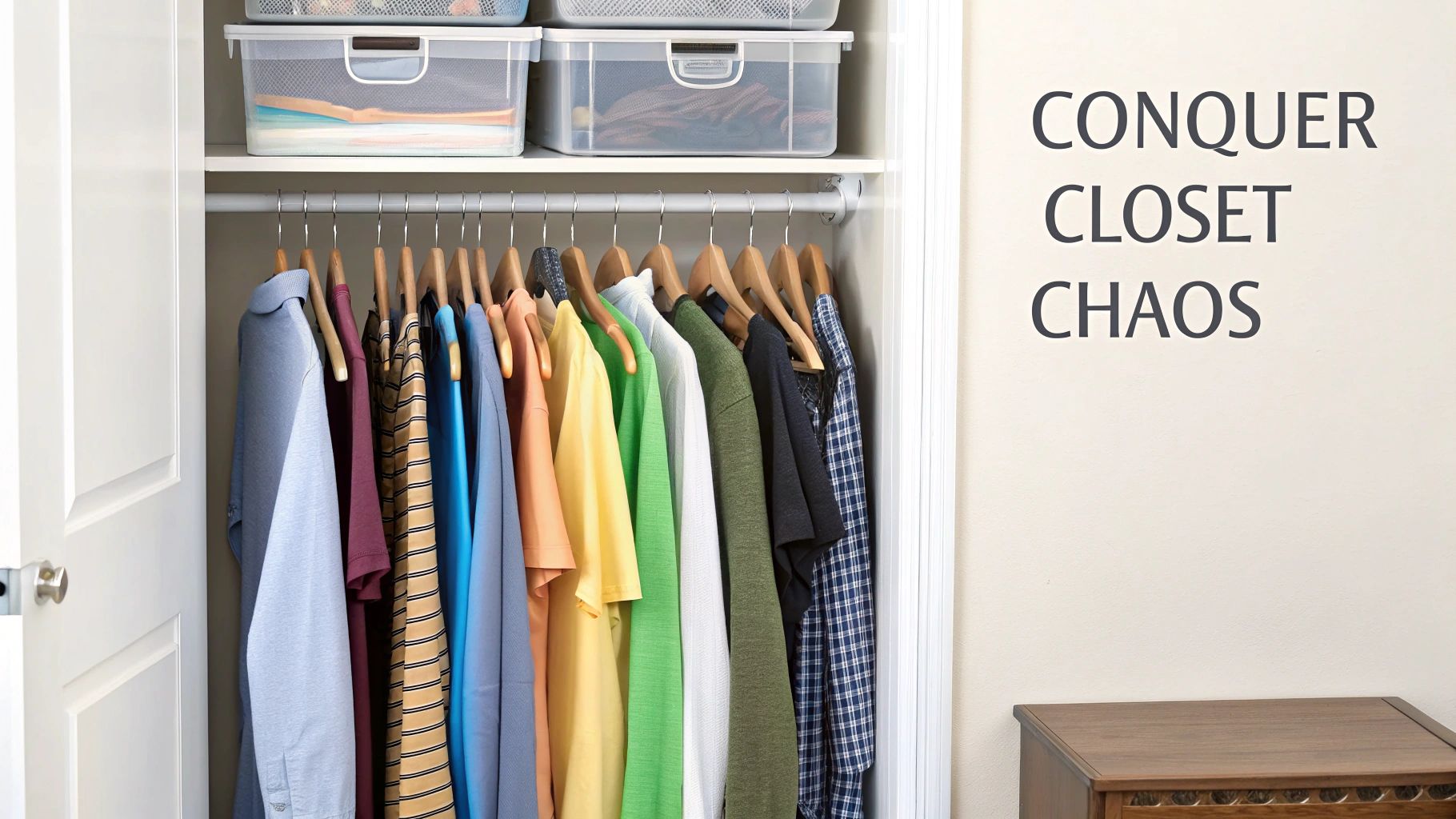 A neatly organized closet interior featuring colorful clothes on hangers and clear storage bins.