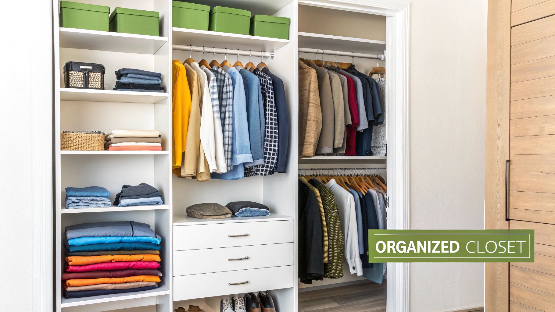 A bright, modern, and well-organized walk-in closet featuring shelves, drawers, and hanging clothes.